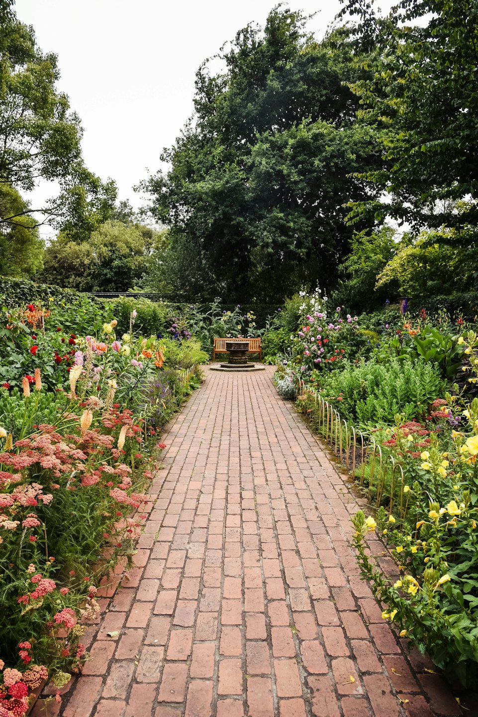 Red brick path leads through a lush garden to a bench.
