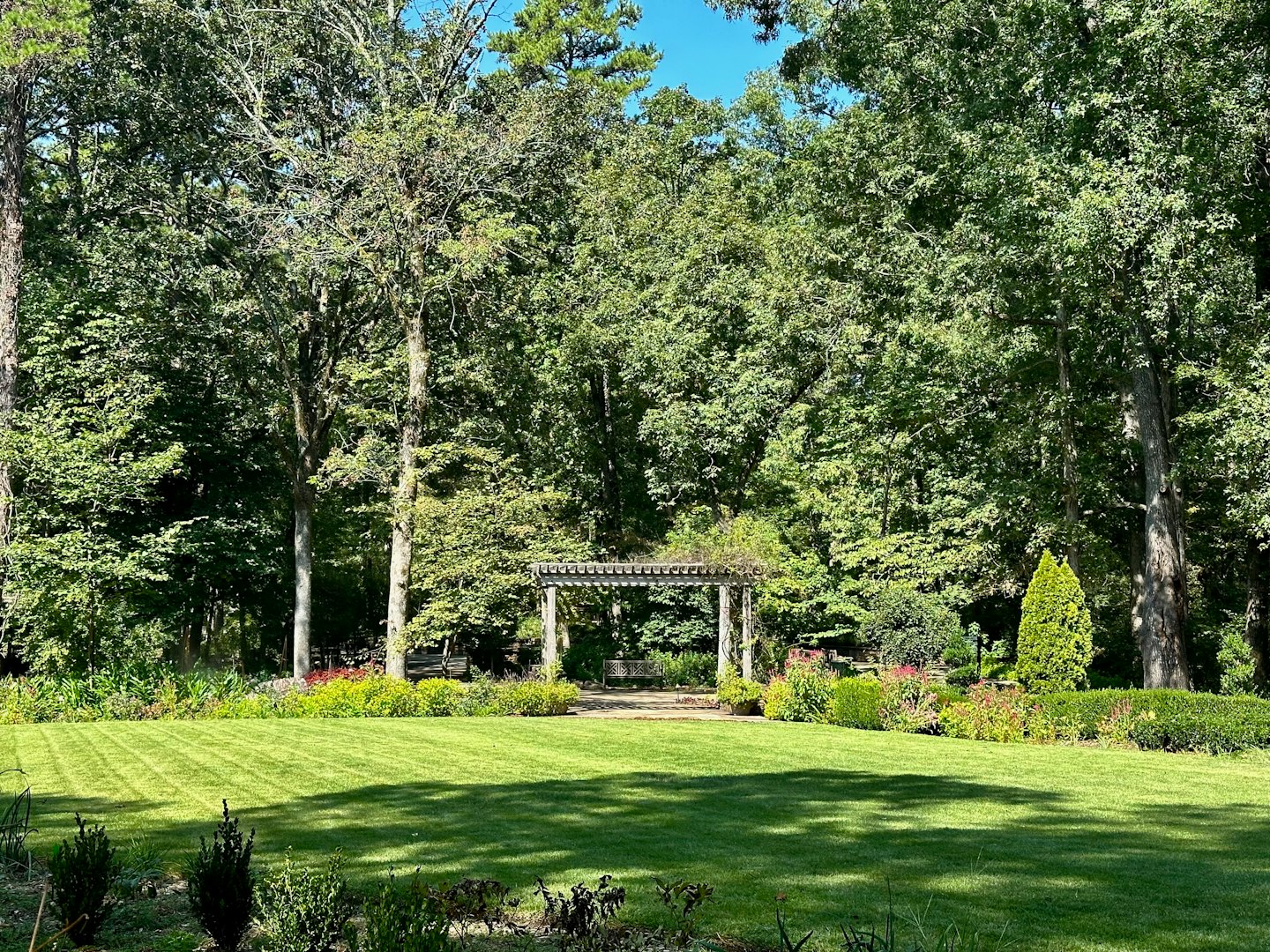 A manicured green lawn with a wooden pergola in the garden.